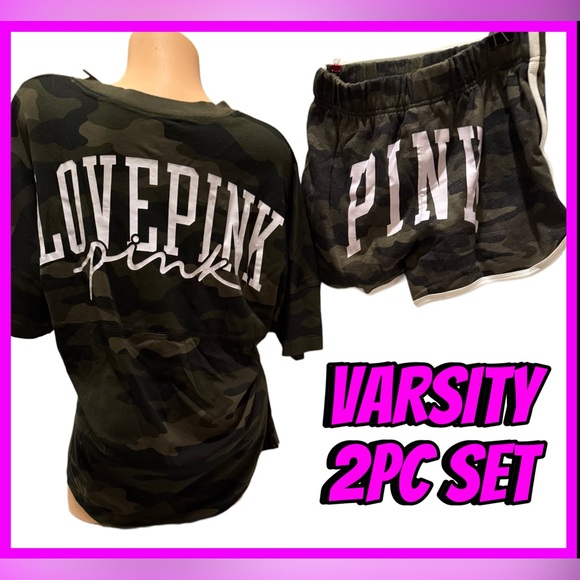 NEW VICTORIAS SECRET PINK Camouflage Varsity TEE SHIRT & SHORTS 2-Piece Set M/L
